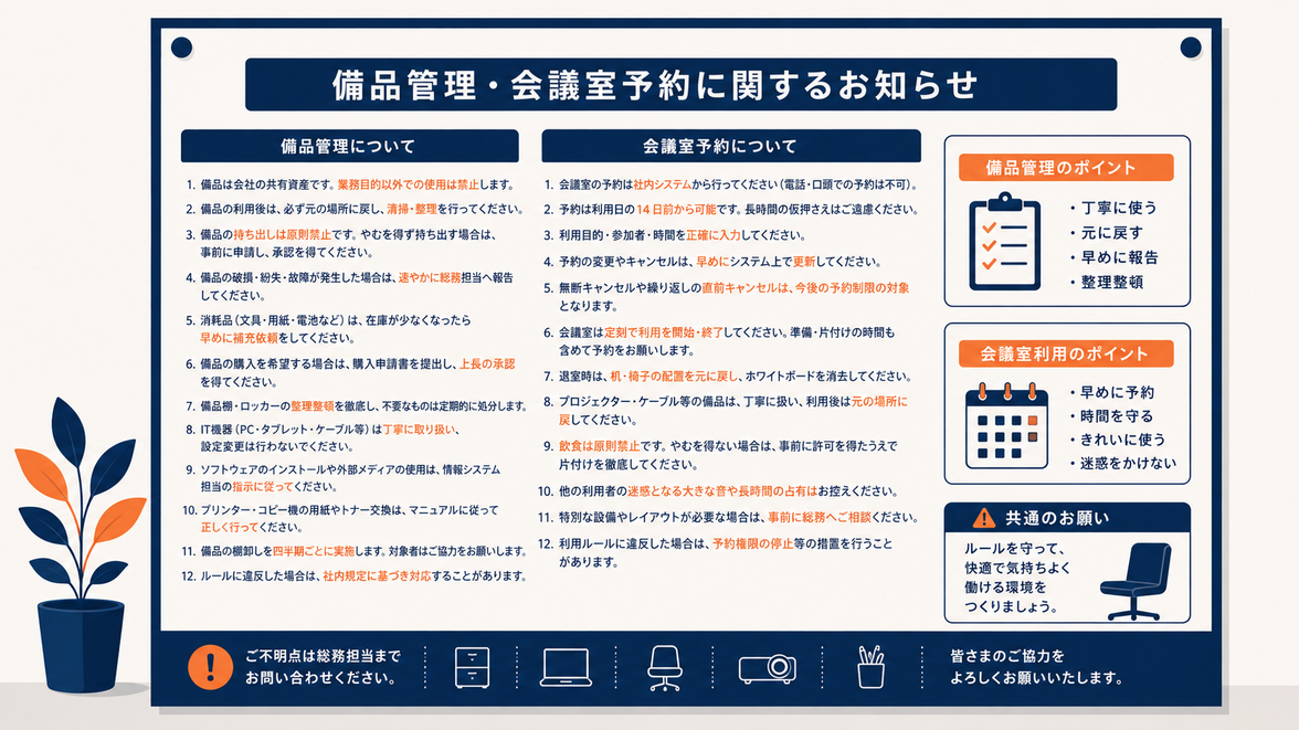 AIが生成した社内掲示ポスター風の画像。備品管理と会議室予約の細かい日本語が24項目以上並び、小さい文字も正しく描かれている例