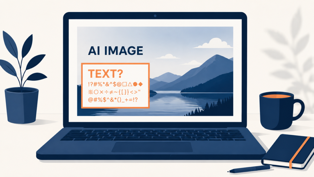 ノートパソコンの画面に表示されたAI生成画像の中で、文字の部分だけが読めない記号の羅列に崩れている様子を示したイラスト