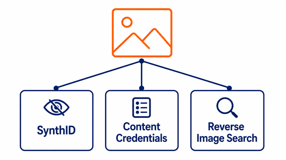 AI画像を確認する3つの手段（SynthID・Content Credentials・逆画像検索）の関係を示した図解