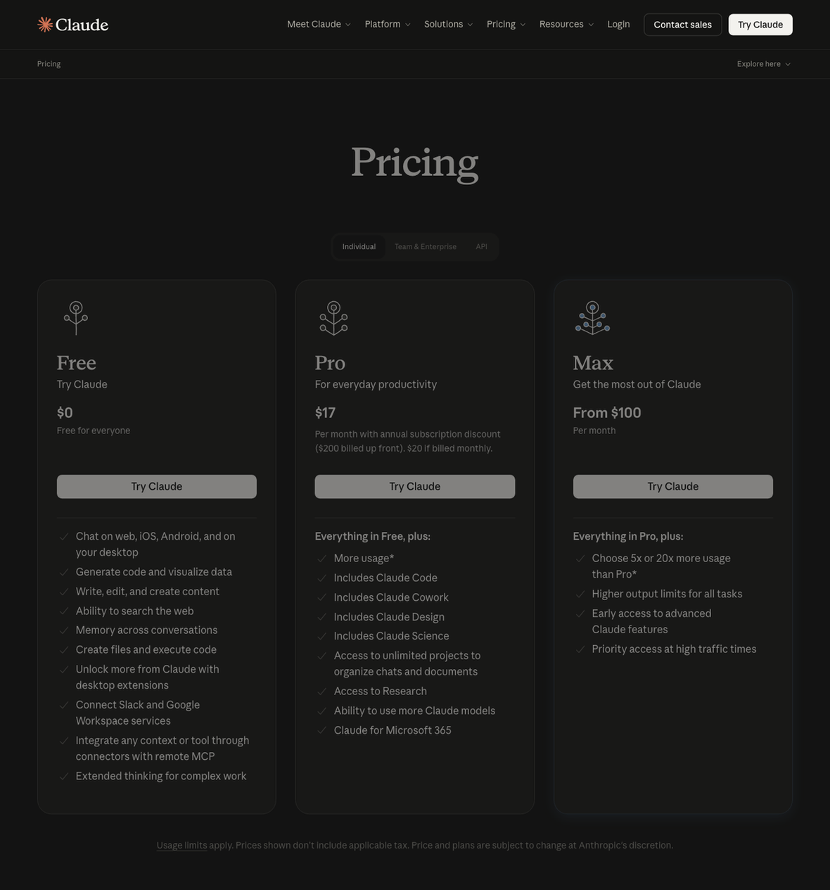 Claude公式サイトの料金ページ。Free・Pro・Maxの3つのプランが横並びで表示され、Proは月17ドル、Maxは月100ドルからと書かれている