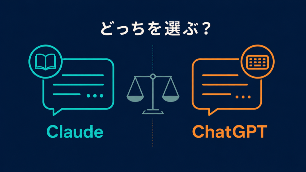 ClaudeとChatGPTの比較を表す天秤のイラスト