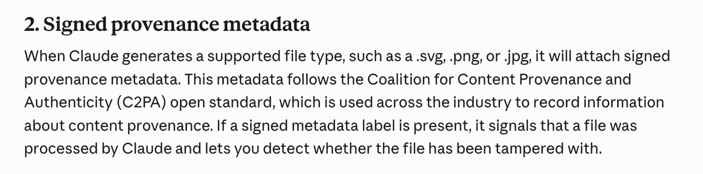 Anthropic公式サポートページの「2. Signed provenance metadata」の段落。生成ファイルにC2PA標準に沿った署名付きの来歴メタデータを付与すると説明している