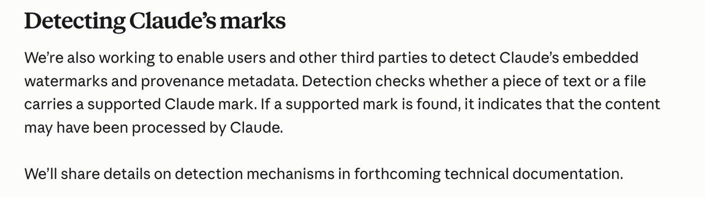 Anthropic公式サポートページの「Detecting Claude’s marks」の段落。検出の仕組みの詳細は今後の技術文書で共有すると書かれている