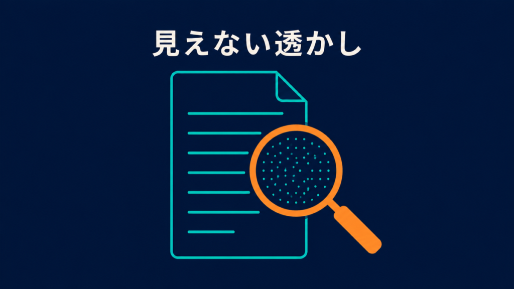 文書の見えない透かしを虫眼鏡で拡大するイラスト