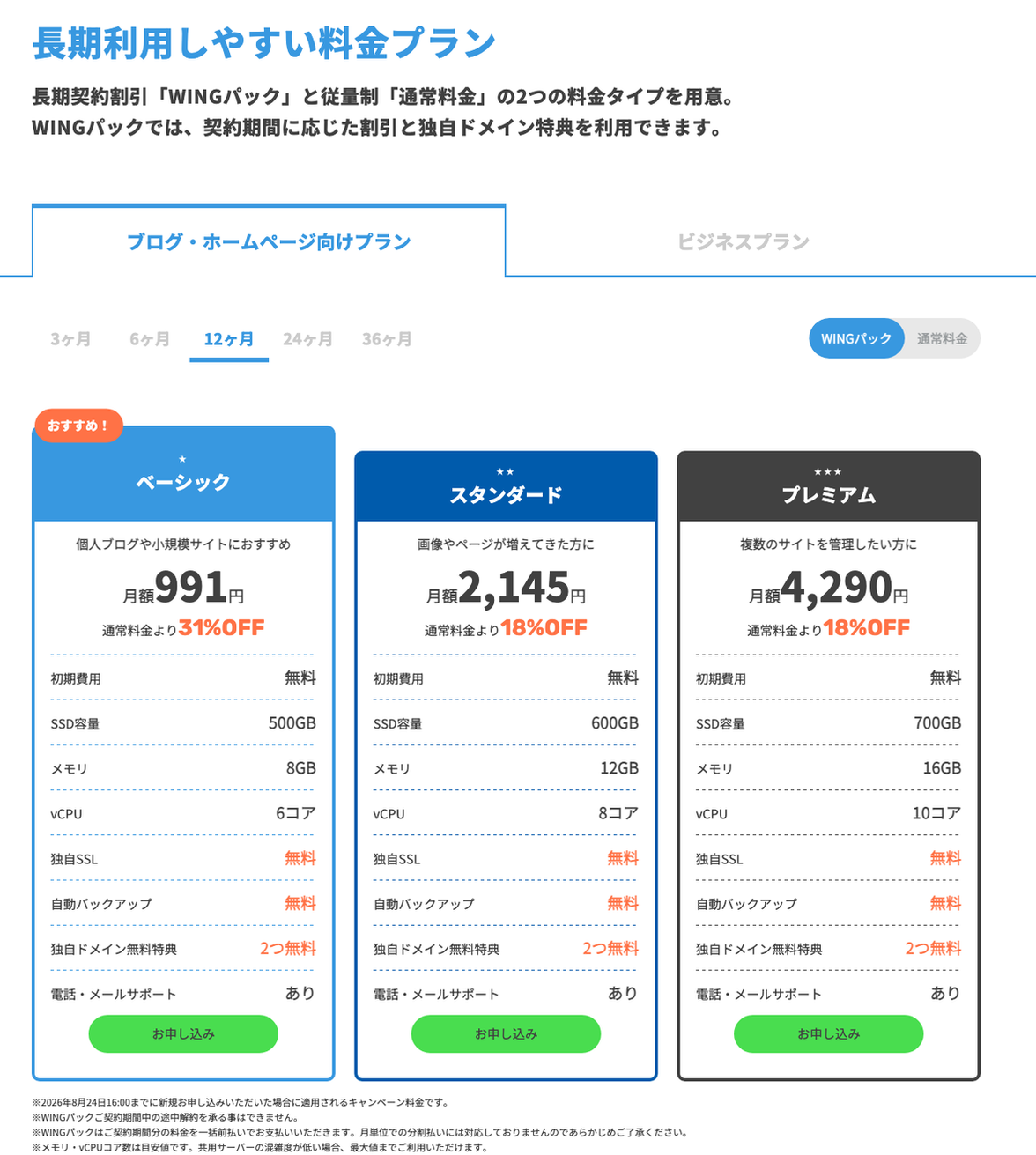 ConoHa WING公式サイトのWINGパック料金表。12ヶ月契約のタブが選ばれ、ベーシックプランは月額991円と表示されている