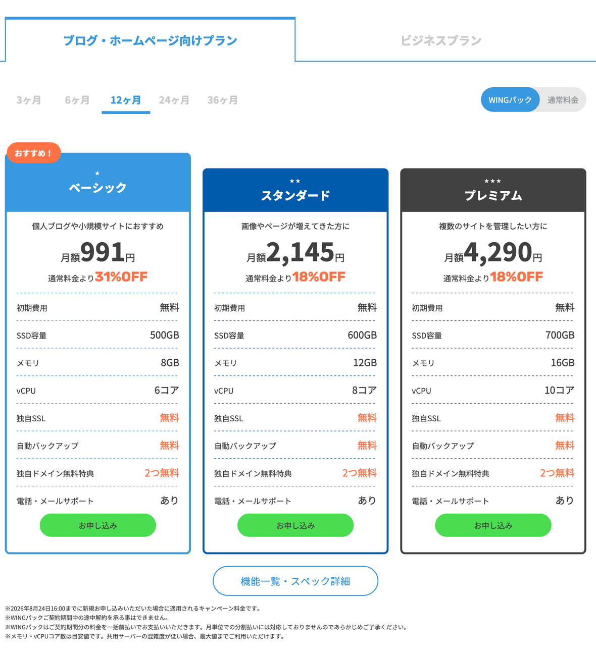 ConoHa WING公式サイトの料金プラン表。WINGパック12ヶ月契約のベーシック・スタンダード・プレミアム比較