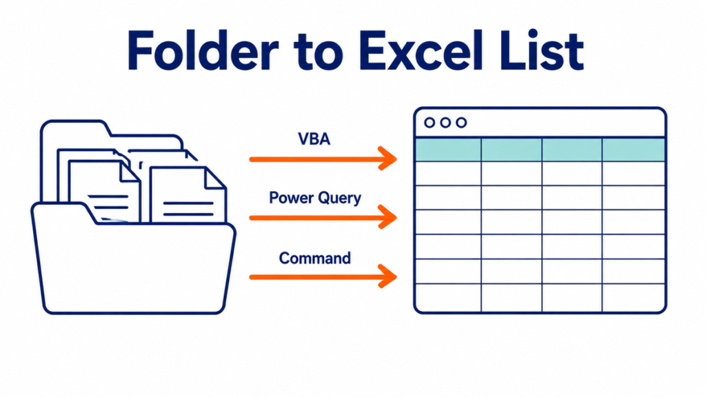 フォルダー内のファイル名をExcelの一覧表に出力する3つの方法のイメージ図