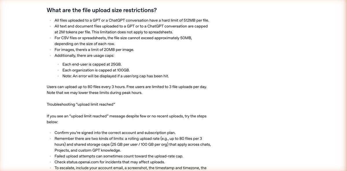 OpenAI公式ヘルプ。ファイルアップロードのサイズ制限と、無料ユーザーは1日3ファイルまでという記載