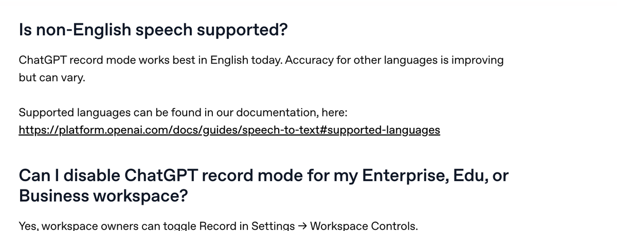 OpenAI公式ヘルプのFAQ。英語で最適に動作し、他言語の精度はばらつきがあると書かれている
