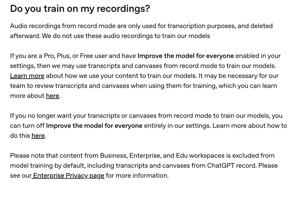 OpenAI公式ヘルプのFAQ。録音した音声は文字起こしの目的でのみ使われ、その後削除されると書かれている