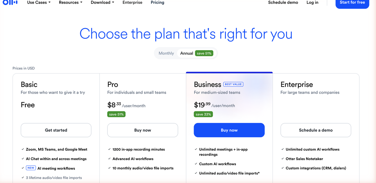 Otter.ai公式サイトの料金ページ。Basic・Pro・Business・Enterpriseの4プランがドル表示で並んでいる