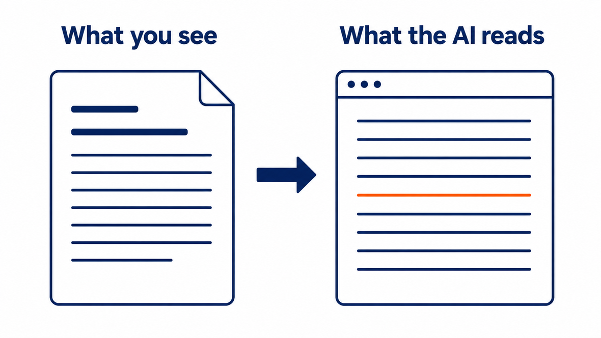 人が見るPDFとAIが受け取るテキストの違いを並べた図解。AI側にだけ隠された指示行が見えている