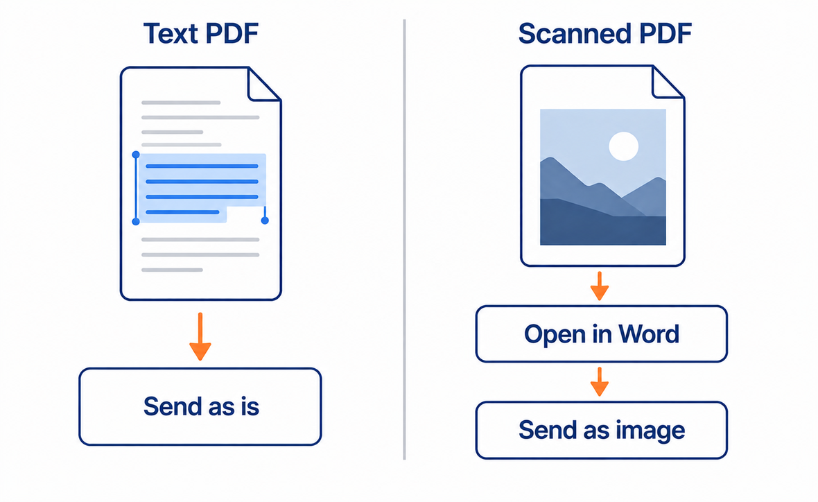 テキストPDFはそのまま渡せて、スキャンPDFはWordで開くか画像として渡すことを示した2分岐図