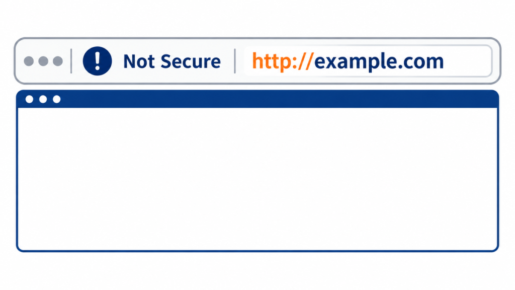 ブラウザのアドレスバーに感嘆符アイコンと Not Secure が出て、URLの先頭がhttpのままになっている様子を表した図